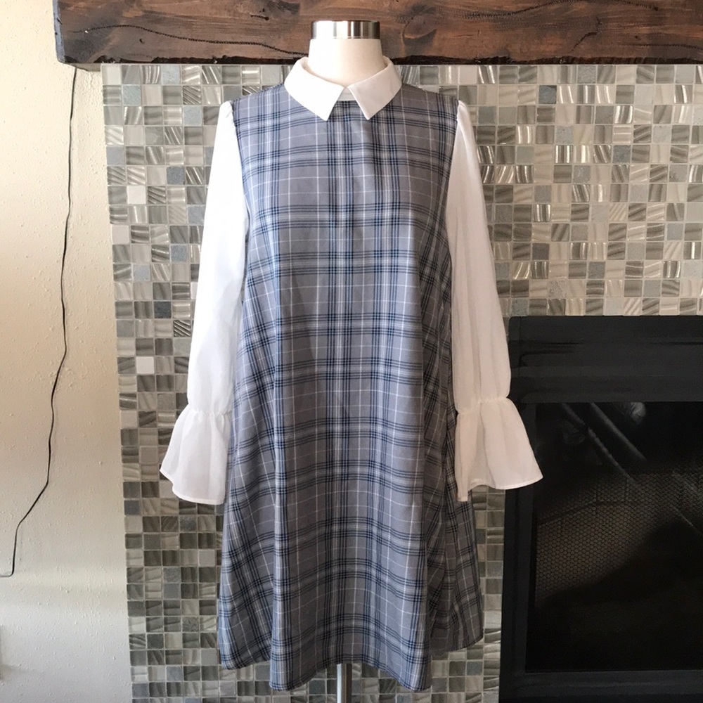 GRL schoolgirl plaid Collar frill sleeves dress S